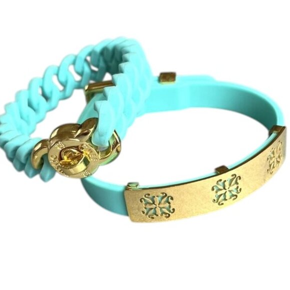 Rustic Cuff Double Silicone Stretch Bracelet Set Turquoise and Gold Stainless - Picture 1 of 3